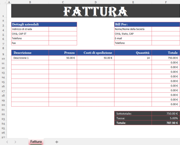 fattura con calcolo delle imposte