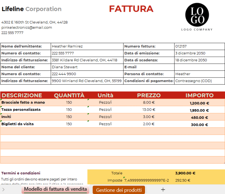 Modello di fattura in Excel per fatturazione professionale