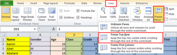 intestazione in Excel durante lo scorrimento